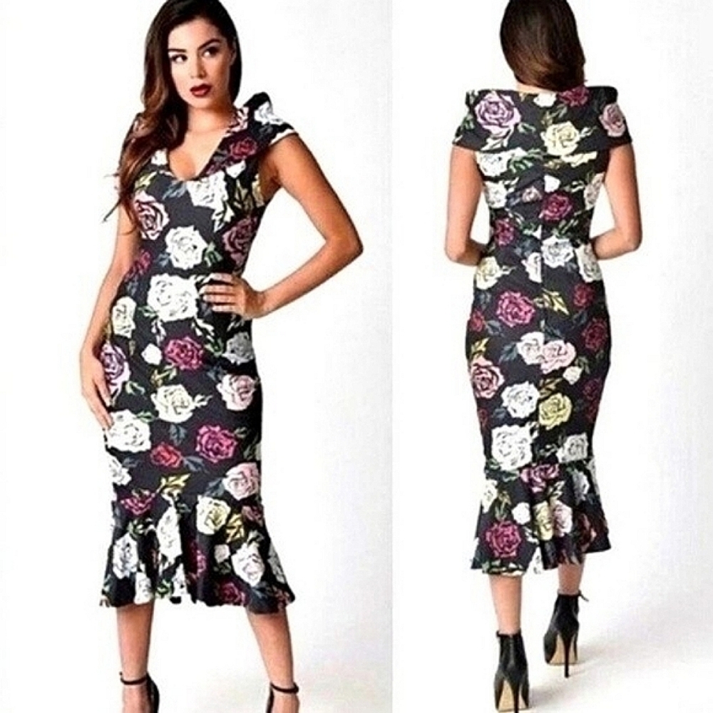 Janie Bryant Unique Vintage Bobbie Floral Shawl Collar Wiggle Siren Dress